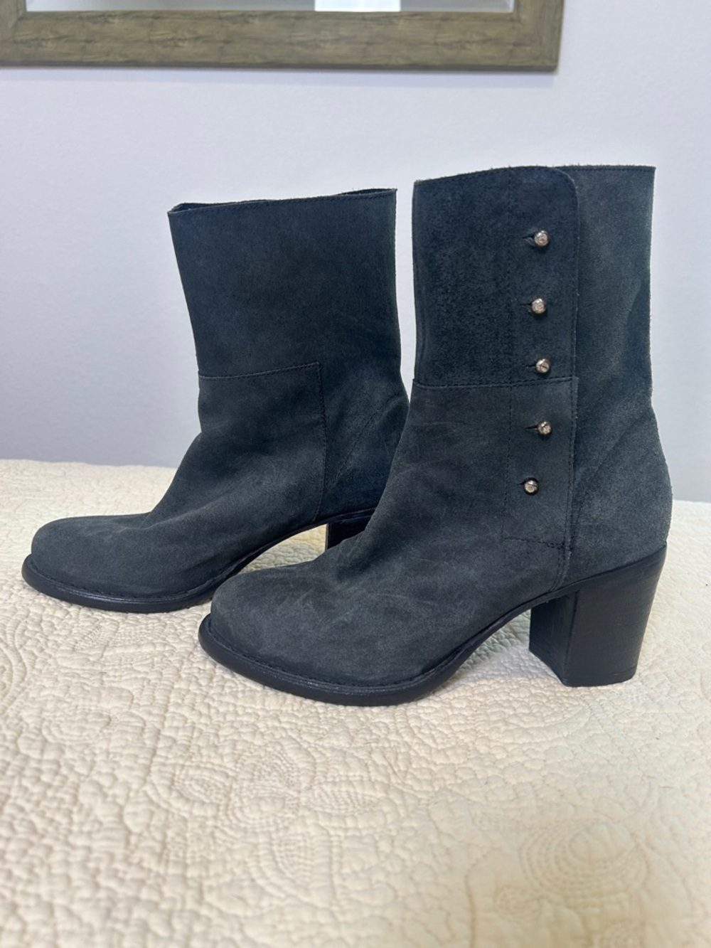 Fiorentini + Baker Black Suede Mid-Calf Button Heeled Boots